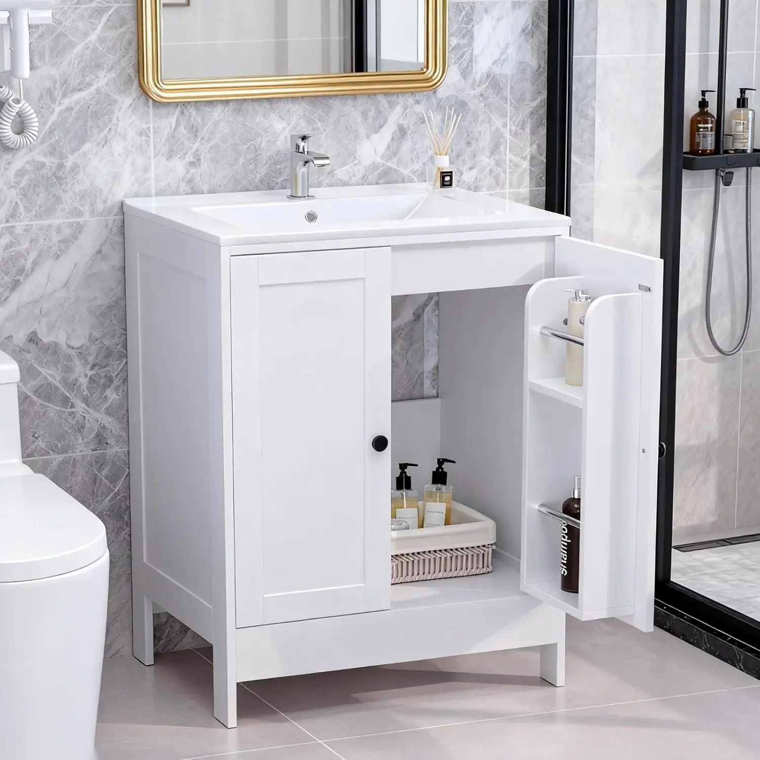 

24-дюймовый белый туалетный столик для ванной комнаты с раковиной, современный отдельно стоящий туалетный столик с дверцами с мягким закрыванием и полками для хранения, белый