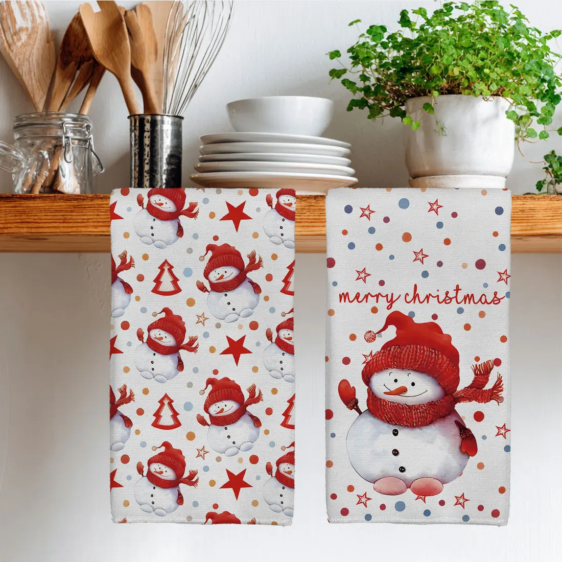 2pcs 40x60cm Christmas Series Tea Towel Kitchen Dishcloth Grid Christmas Snowman Water Cleaning Wash Cloth Gift Merry Christmas