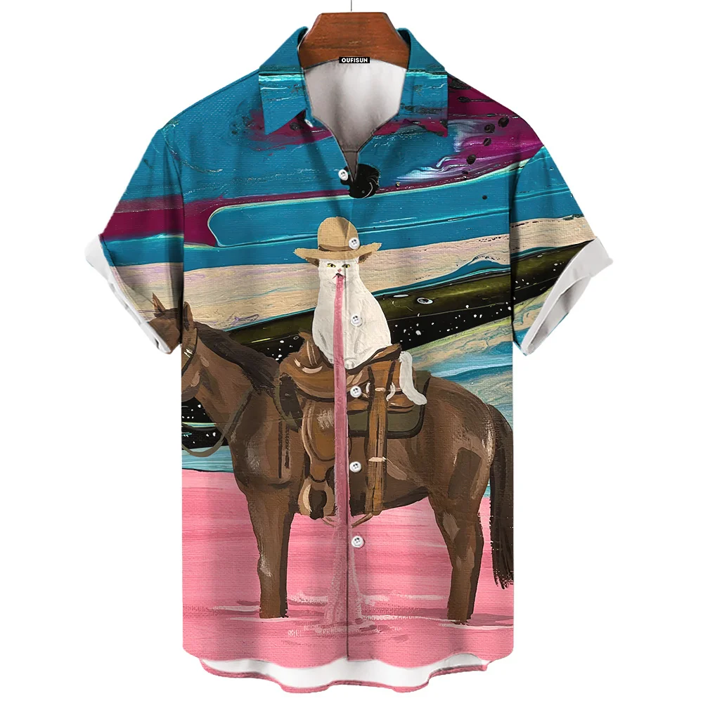 Oil Painting Western Cat Cowboy Riding Print Summer Fashion Men\'s Short Sleeve Shirt Travel Vacation Men\'s Shirt Oversized Top