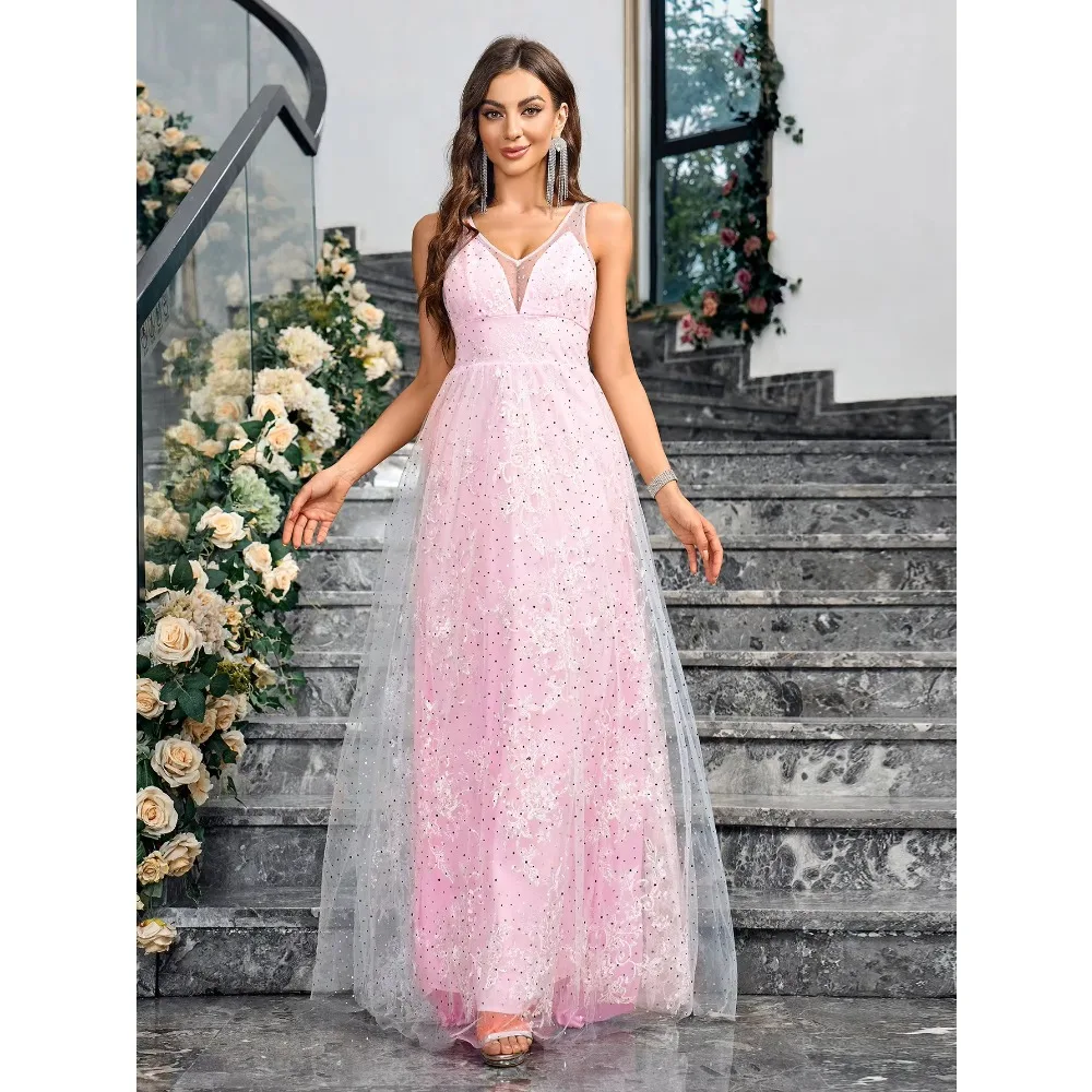 

2025 Summer Elegant Female Evening Dress Pink Lace V Neck Spaghetti Strap Bodycon Vestidos Women Sexy Backless Club Party Robes