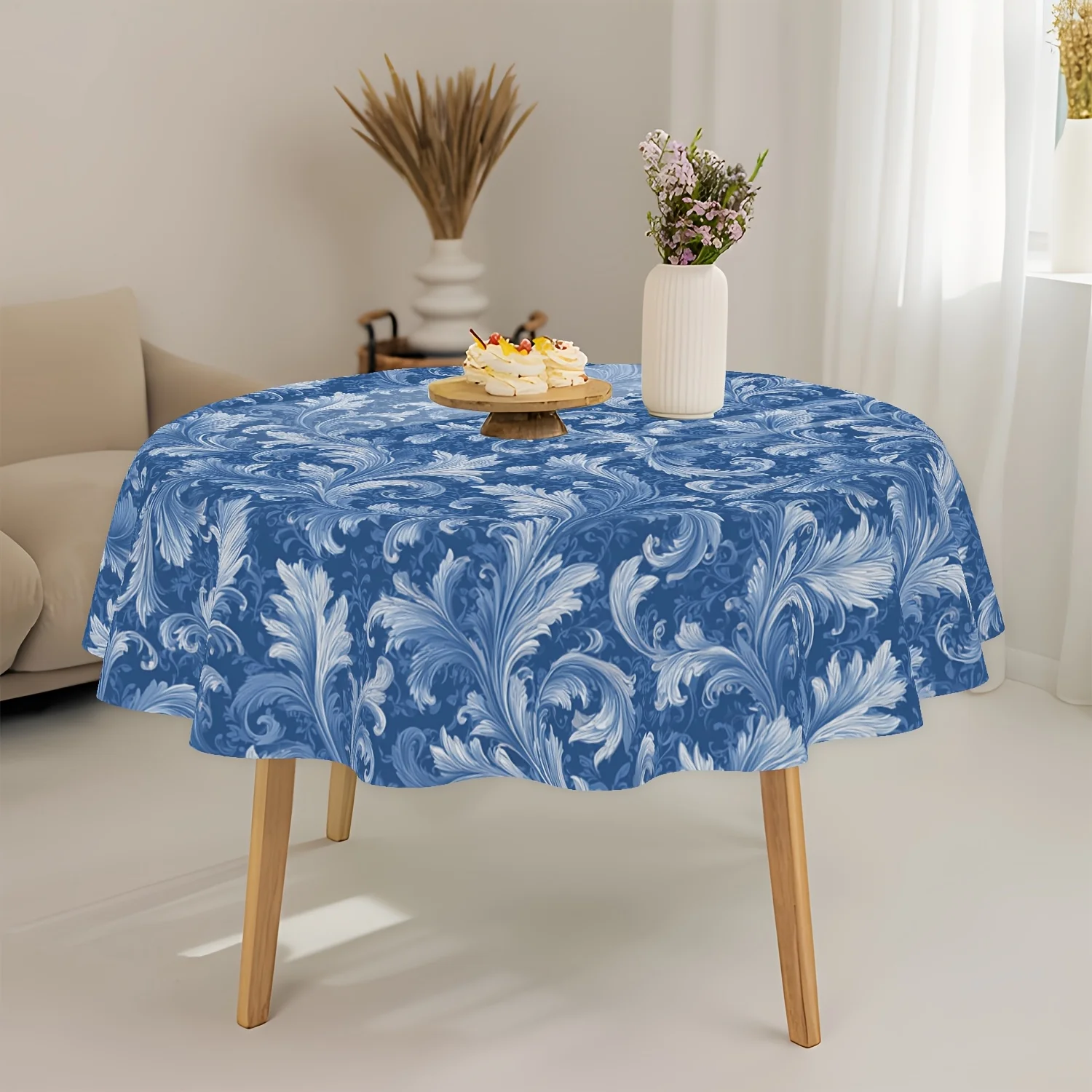 2D flat tablecloth, 1-piece pack. Light blue floral vortex pattern tablecloth, machine washable.yzb