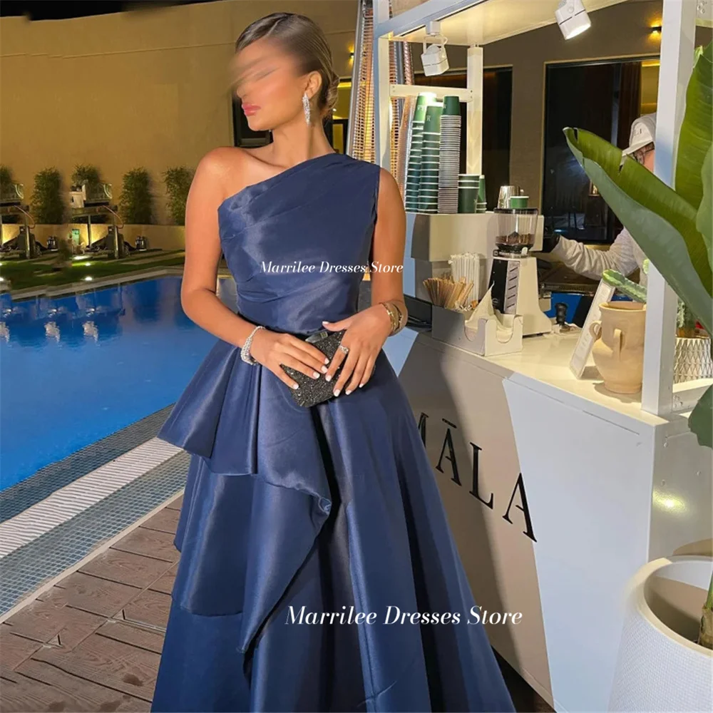 Marrilee Customized Shoulder Dark Blue Stain A-Line Evening Dresses Pleating Floor Length Sleeveless Prom Gowns Formal Occasion