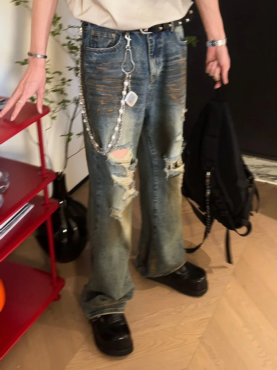 

Men's Retro High Street Distred Straight Leg Jeans Loose Fit Casual Trousers Couple's Faionable Tear Jeans