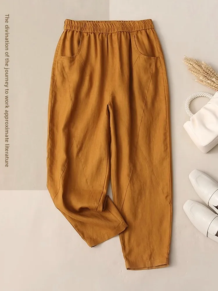 Slim Fit Cotton Linen Harem Pants Women's Thin Breathable Nine Points Carrot Pants Comfortable l Waist Casual Trousers