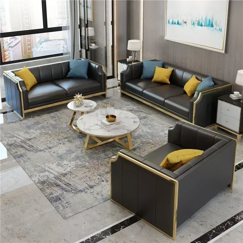 luxury golden metal frame office leather sofa 3 seat combination sofa set modern couch for home living room furniture hotel sofa