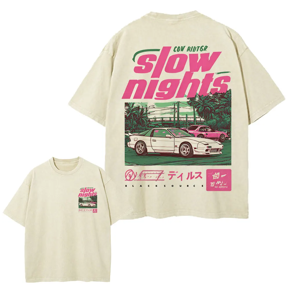 2026 Slow Nights JDM Racing T‑Shirt Vintage Washed Double‑Sided Car Graphic Unisex Oversized Short Sleeve Tee