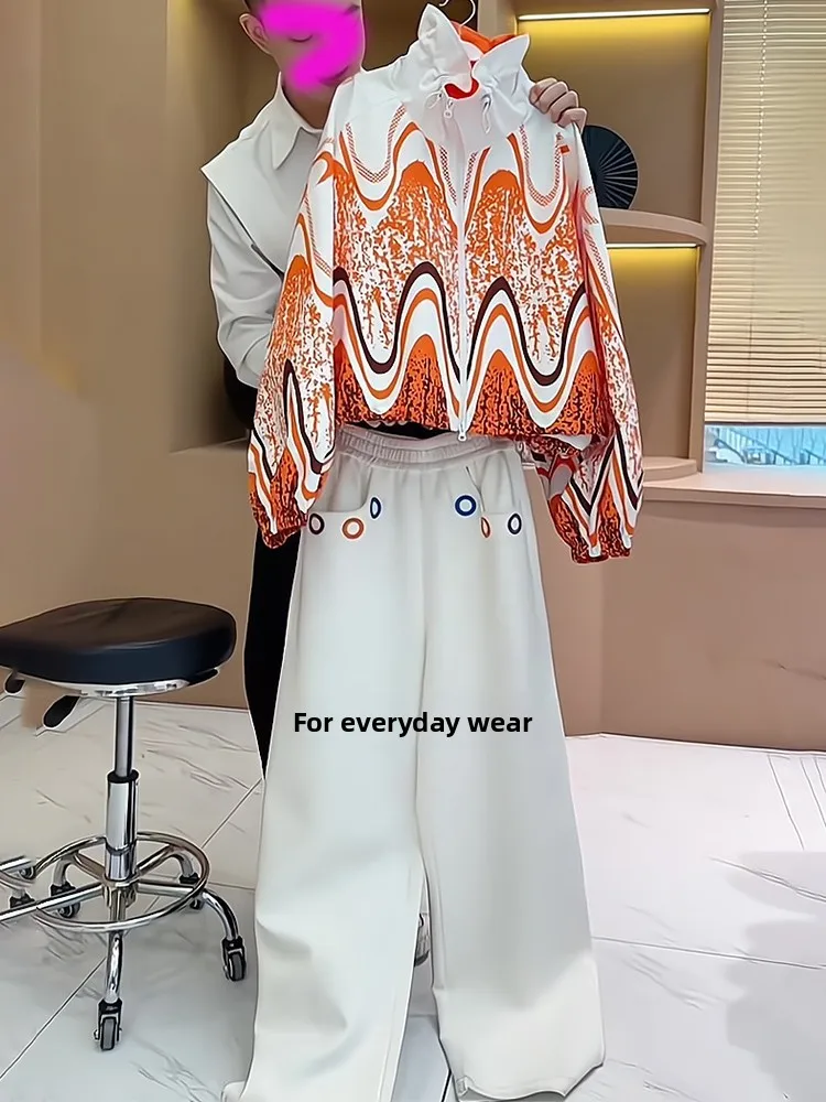 

Unique Cool Female Autumn Fashion Outerwear Top Wide Leg Pants Casual Sport Two Piece Set Elegant Stand Collar Zipper Closure