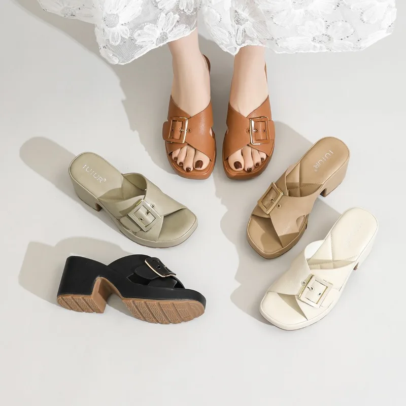 

2026 New Women's Metal Buckle Sandals Platform Flat Flip Flops Summer High Heels Beach Sandals Large Size 36-43