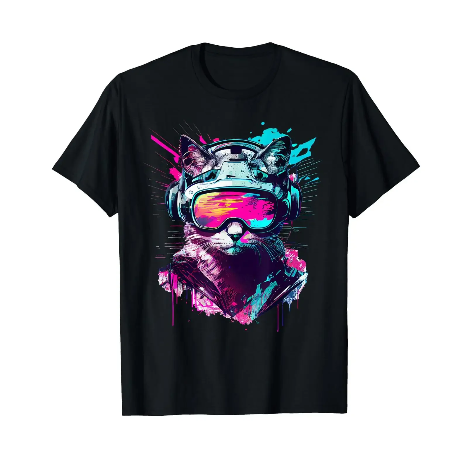 Funny VR Gamer Cat in Headset Virtual Reality Gaming T Shirt vintage Washed fashion designer clothes Stylish Breathable