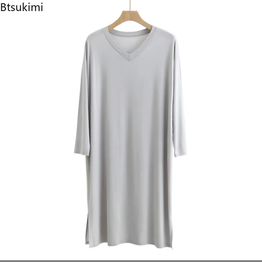 New 2024 Men\'s Pajamas Robes Casual Mid-long Knee Length Modal Home Clothes Soft Smooth Stretch Bathrobes Male Sleepwear Dress