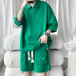 Short Sleeve Polo Shirts+Shorts Fashion Waffle Loose Casual Men's Sets Simple Turn Down Collar Streetwear Green Plus Size 5XL-M