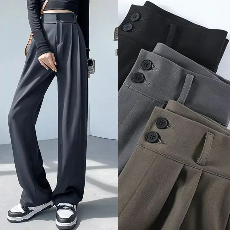 スーツパンツ 2025 ガールズ ハイウエスト 薄手 スラックス 女性 オールマッチ ワーク ストレートレッグ トラウザーズ レディース 快適 バギーパンツ