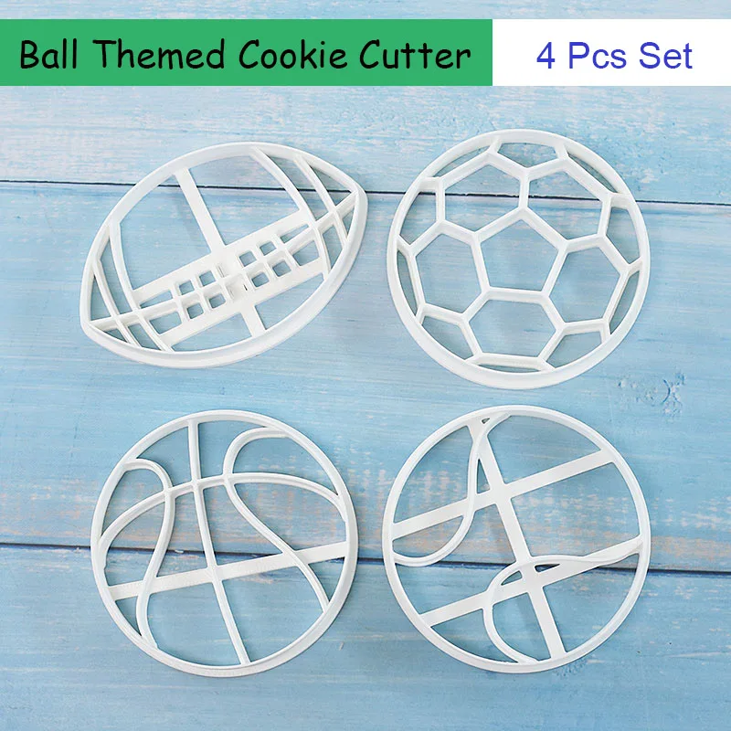 4 Stück Sport-Themen Keksausstecher Fußball Rugby Basketball Tennis Geformte Keksformen für Geburtstagstorten Cupcake-Dekorationen