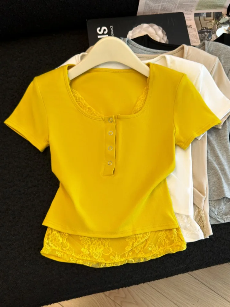 

Pure Desire Sexy Lace Trim Short Sleeve T-Shirt Women's U-Neck Single Button Short Style Spring Summer New Fashion Inner Wear