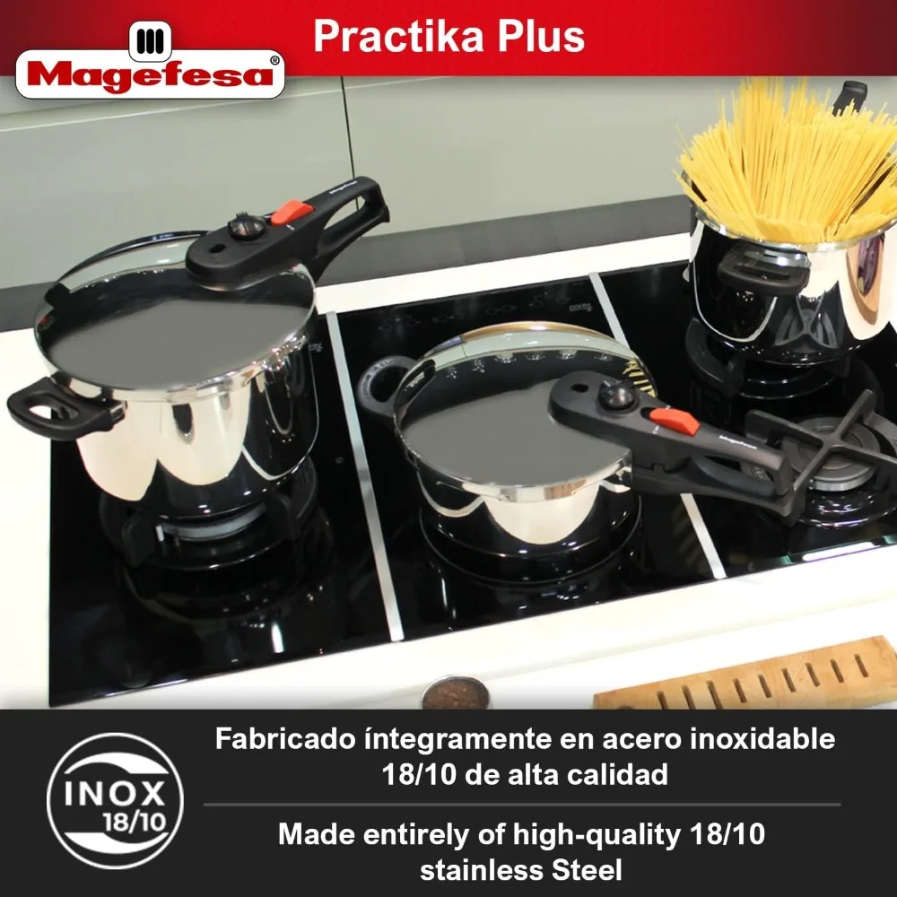 Magefesa® Practika Plus Super Fast pressure cooker, 6.3 Quart, 18/10 stainless steel, suitable induction, excellent heat