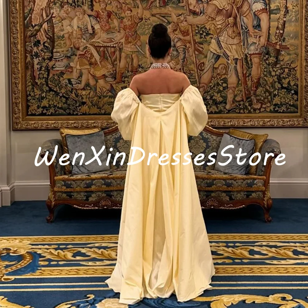 Formal Yellow Straight Strapless Detachable Sleeve Chiffon Evening Dress Sweep Train Puff sleeves Open Back Celebrity Gowns 2024