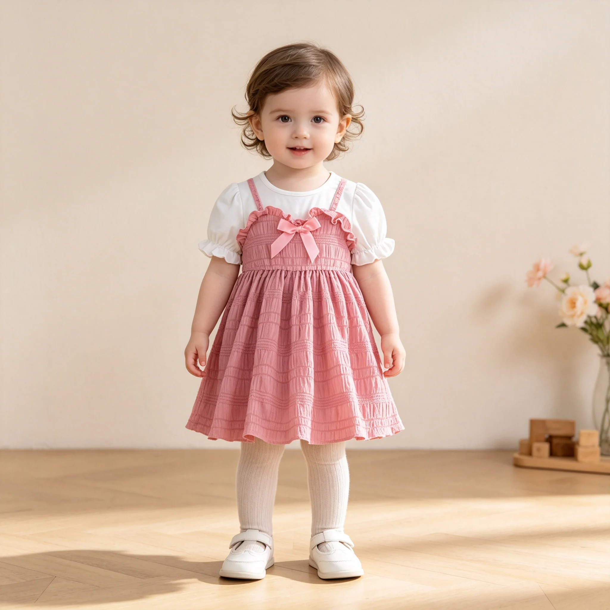 Girls Bubble Sleeve Butterfly Knot Halter Dress Fake Two-Piece Dress Cute Baby Girl Outfit