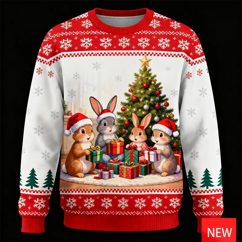 2026 Unisex Top, Ugly Christmas Sweater for Men, Cute Rabbit Animal Graphic Sweatshirt, 3D Little Bunny Print