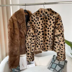 Real Natural Rabbit Fur Coat Winter Jacket Women Thick Warm Elegant New Fashion Turn-down Collar Outerwear Streetwear Leopard