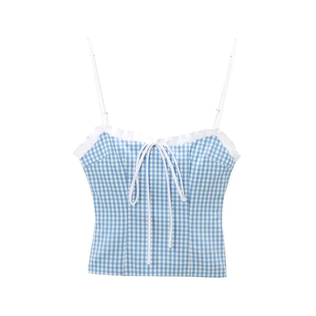 Tangada 2024 Summer Women Blue Plaid Bow Crop Tank Female Backless Camis 3H0539