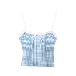 Tangada 2024 Summer Women Blue Plaid Bow Crop Tank Female Backless Camis 3H0539