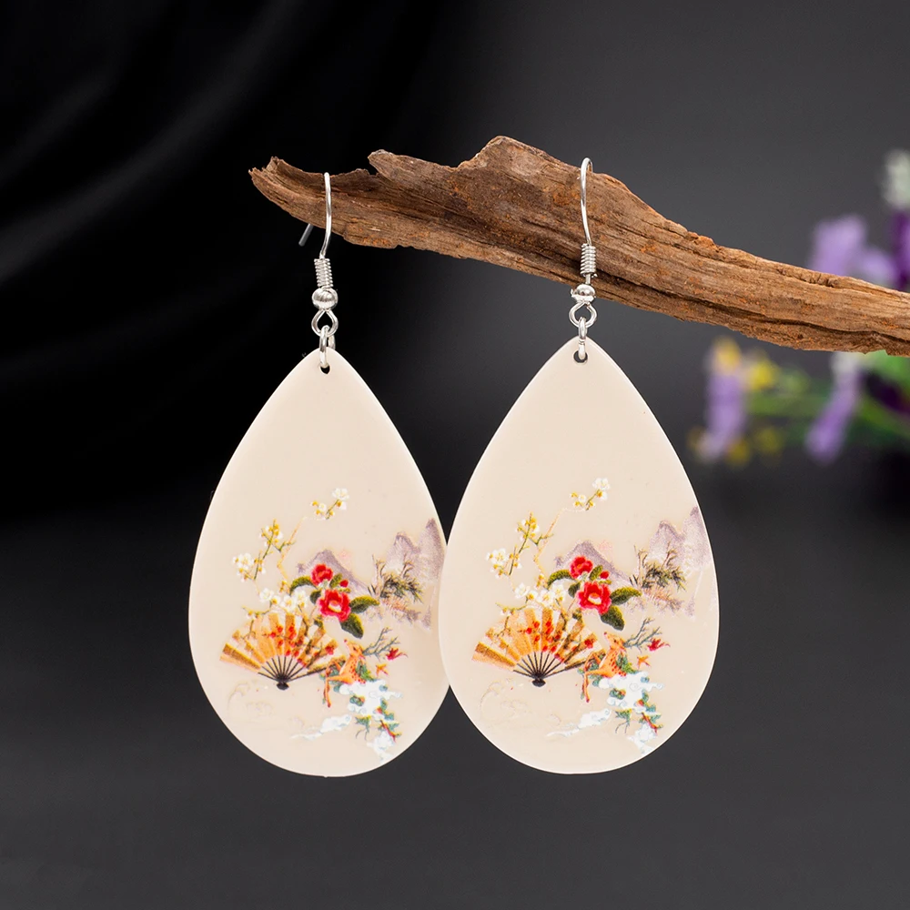 New Oriental Ethnic Style Fan Flowers Landscape Painting Pattern Acrylic Water Drop Earrings For Women Aesthetic Girls Jewelry