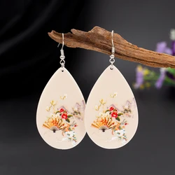 New Oriental Ethnic Style Fan Flowers Landscape Painting Pattern Acrylic Water Drop Earrings For Women Aesthetic Girls Jewelry