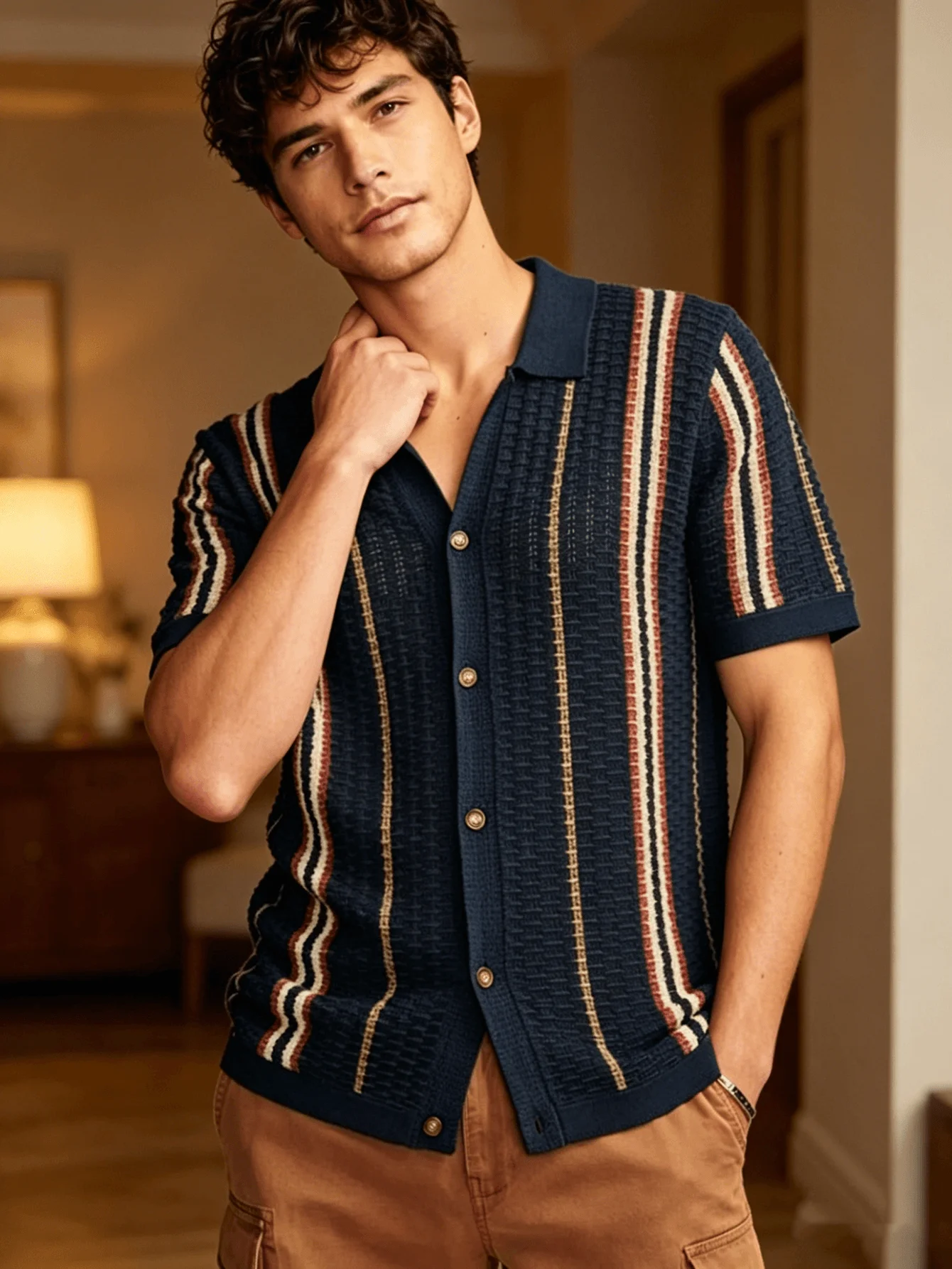 Herren Vintage Gestreiftes Strick-Poloshirt, Lässiges Sommer-Kurzarm-Oberteil für Alltag und Wochenendausflüge