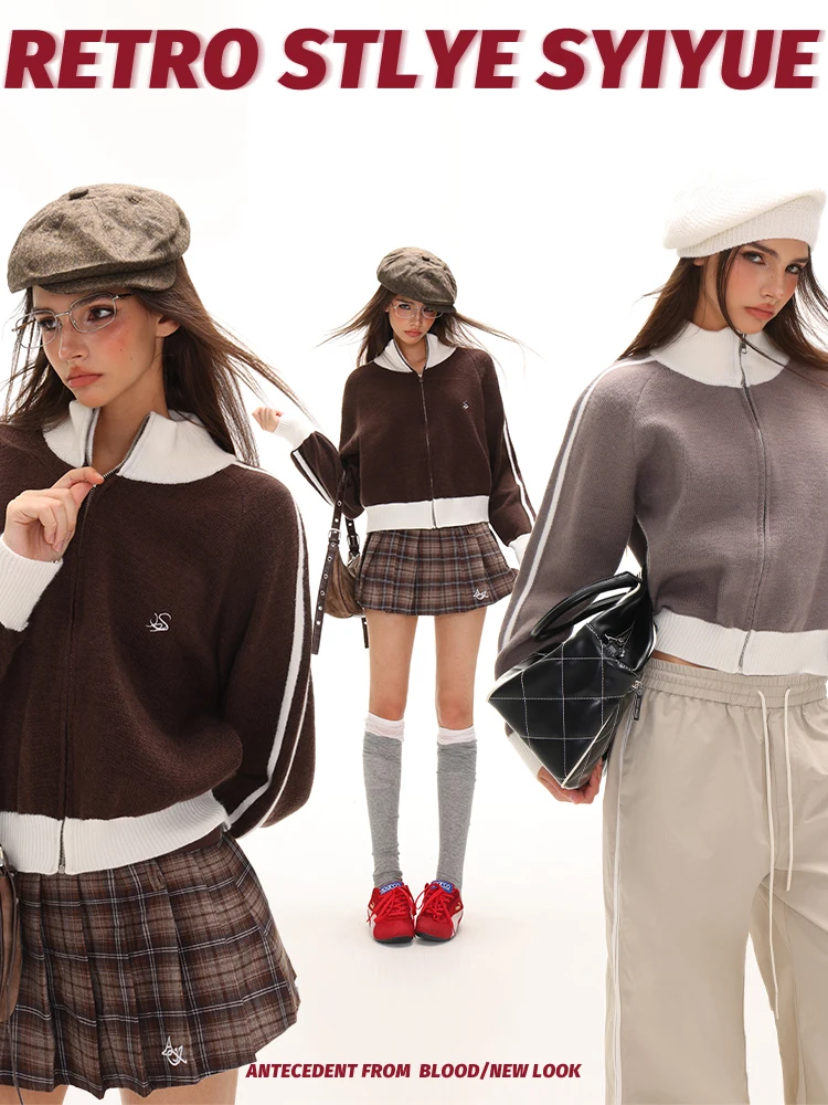 

American Color Blo Stand Collar Knitted Sweater Jaet ort Baseball Sle for Women Spring Autumn Loose Fit Long Sve