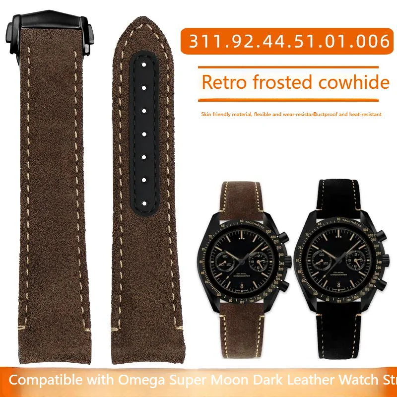 For Omega Dark Side of the Moon Speedmaster 311.92.44 Deployant Clasp Watchband Men's Vintage Frosted Leather Watch Strap 21mm