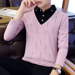 Spring Autumn New Fashion Turn-down Collar Long Sleeve T-Shirts Men's Clothing Fake Two Pieces Loose Patchwork Button Casual Top