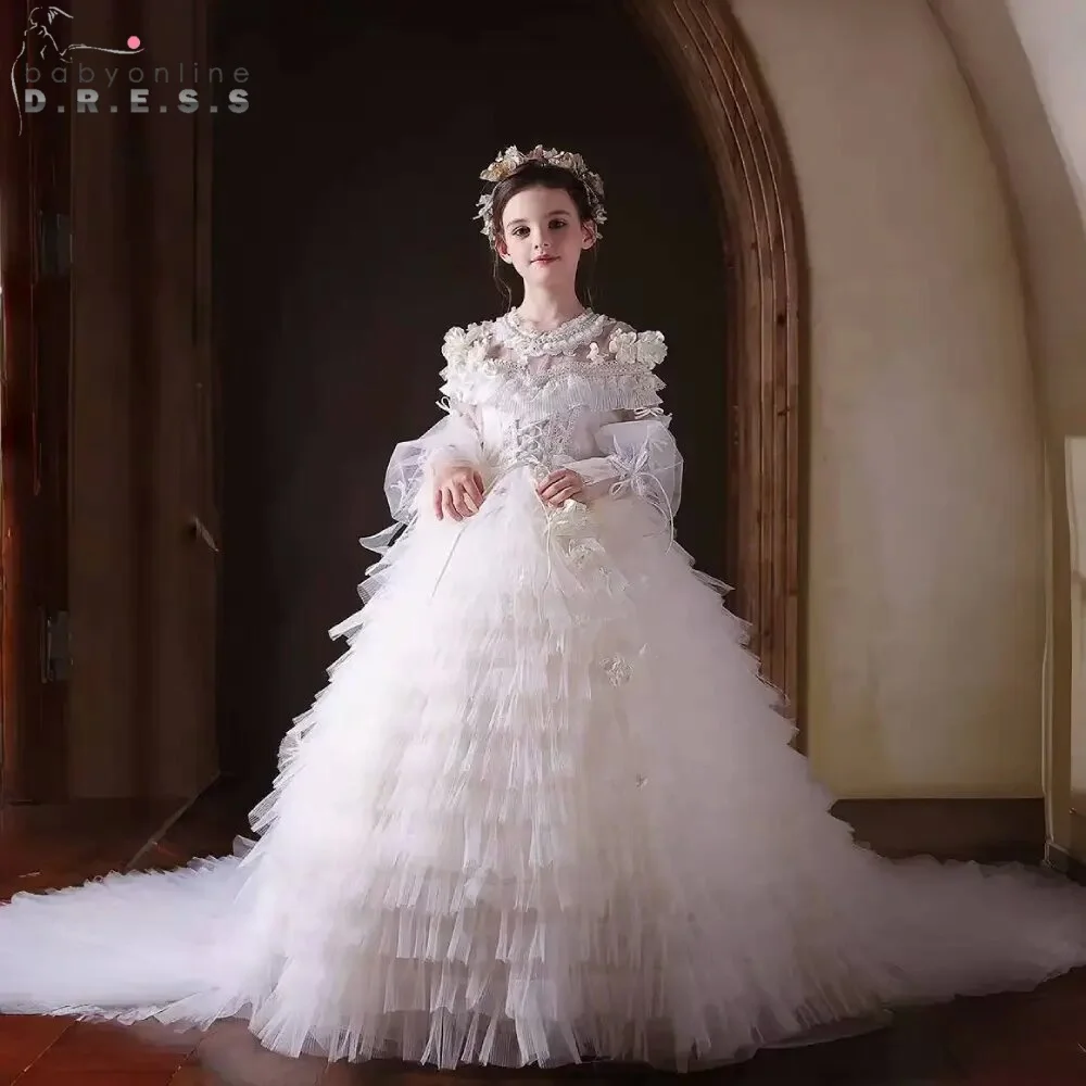 BABYONLIN Customized Communion Ceremony Flower Girl Dress O-neck Long Sleeve Tiered Tulle A-line Skirt Floral Cute Boho Gown