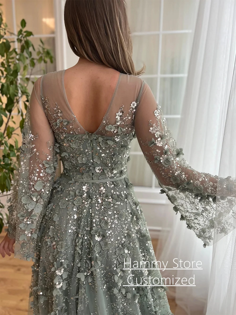Exquisite Lace Evening Dress Customized Batwing Sleeves V Neck Beading Sequined Flowers A Line Prom Gown Birthday Party Dresses image 2