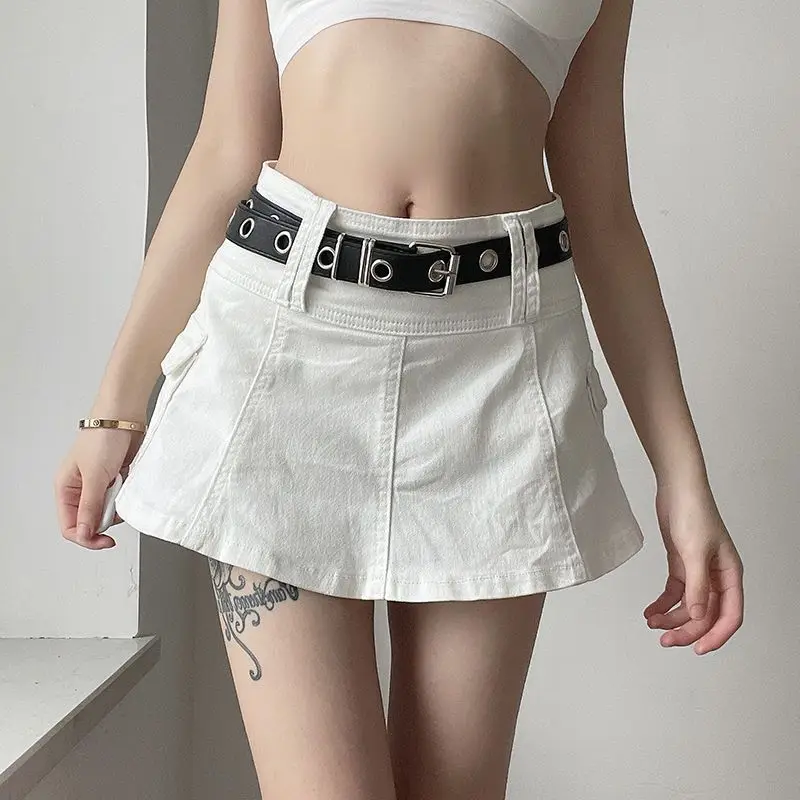 Geplooide Rok Pocket Design Sexy Lotusblad Rand Effen Kleur Half-Body Rok Hip Denim Rok Street Shot Hot Girl Geplooide Rok