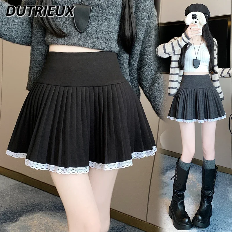 College Style Sweet Cute Girl Lace Edge Casual Pleated Skirt for Lady Wool Contrast Color Women's Short Skirta Autumn Winter