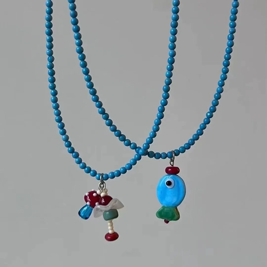Cute Blue Ceramic Fish Necklace for Women Girls Romantic Colorful Fish Starfish Necklace Aesthetic Summer Beach Jewelry for Gift