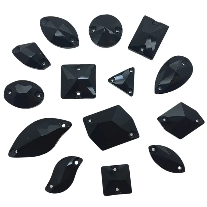 TopStone Jet Black Glass Crystal Sew On Stone Drop Round Rectangle Square Mix Shape Glass Rhinestones For Clothing bags