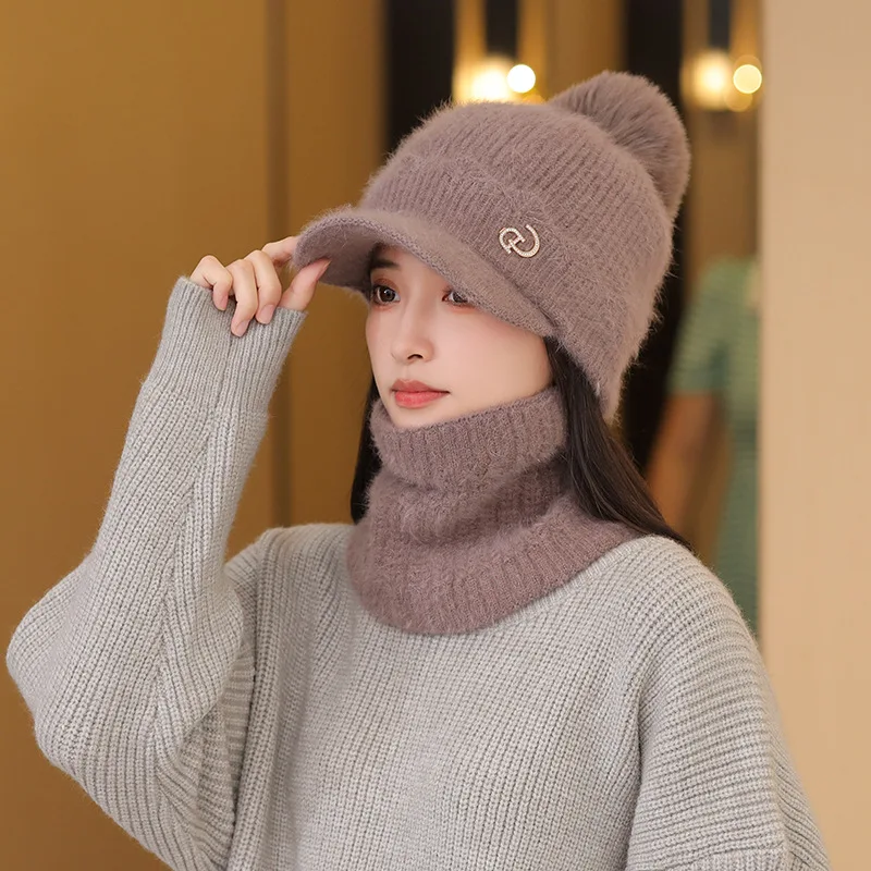 2022 New Winter Knit Cap Women Outdoor Warm Thickening Plus Velvet Loose Winter Beanies Hat with Scarf Winter Ski Mask Hat