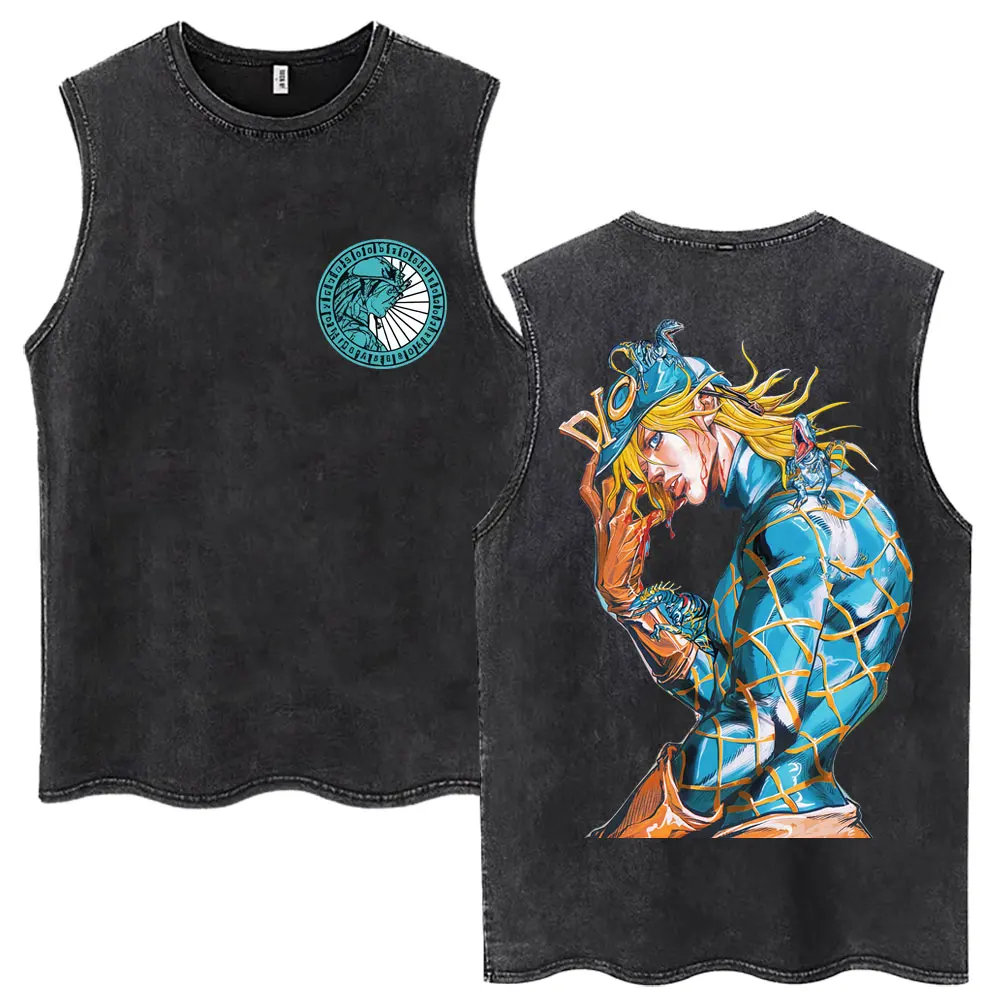 Washed Anime Jojo Bizarre Adventure STEEL BALL RUN Tank Tops Men Women Fashion Manga Vestd Casual Loose Cotton Sleeveless Tshirt view 5