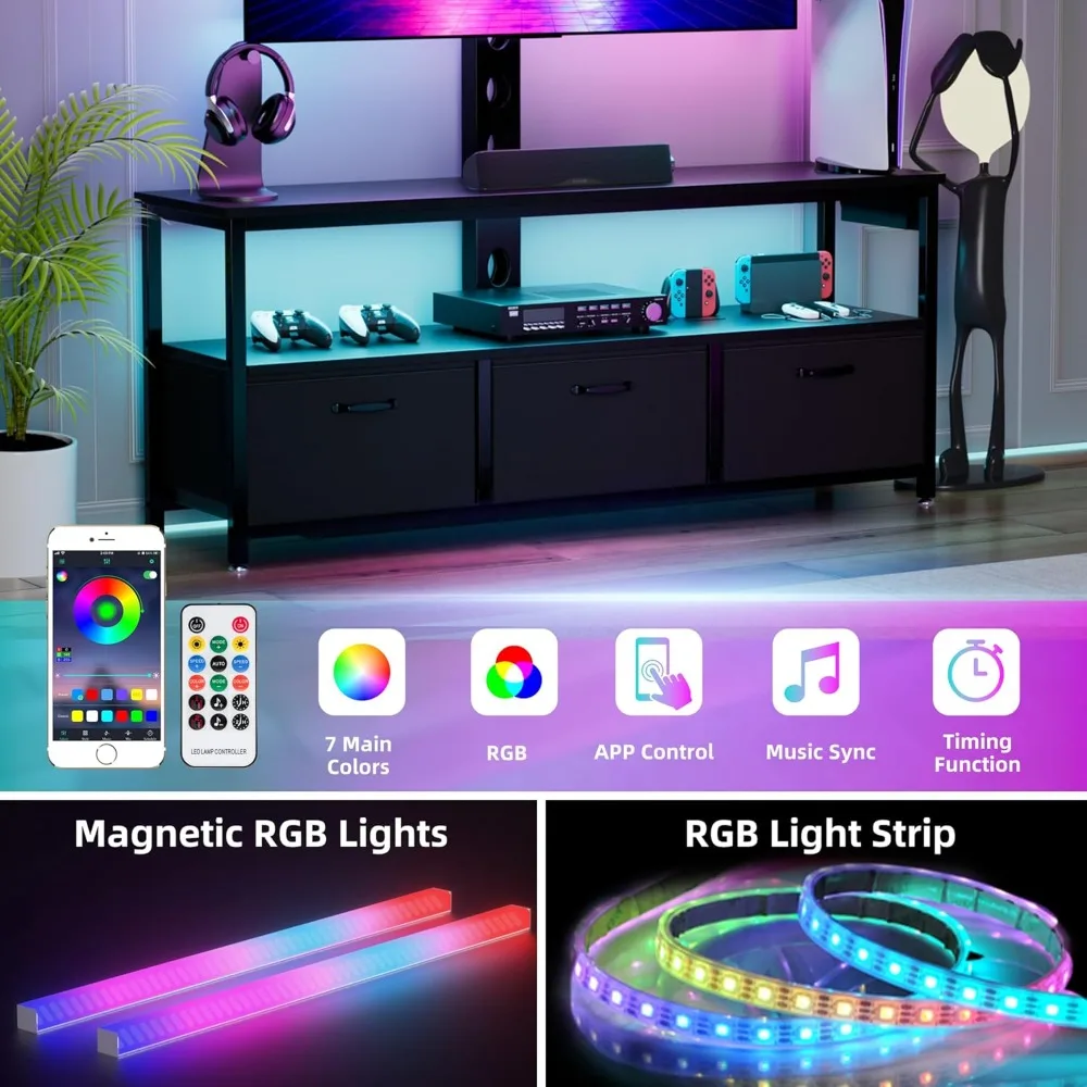 حامل تلفزيون دوار قابل للتعديل مع حامل مدمج ومخرج طاقة لأجهزة التلفاز مقاس 32-65 بوصة، ومركز ترفيه بإضاءة LED