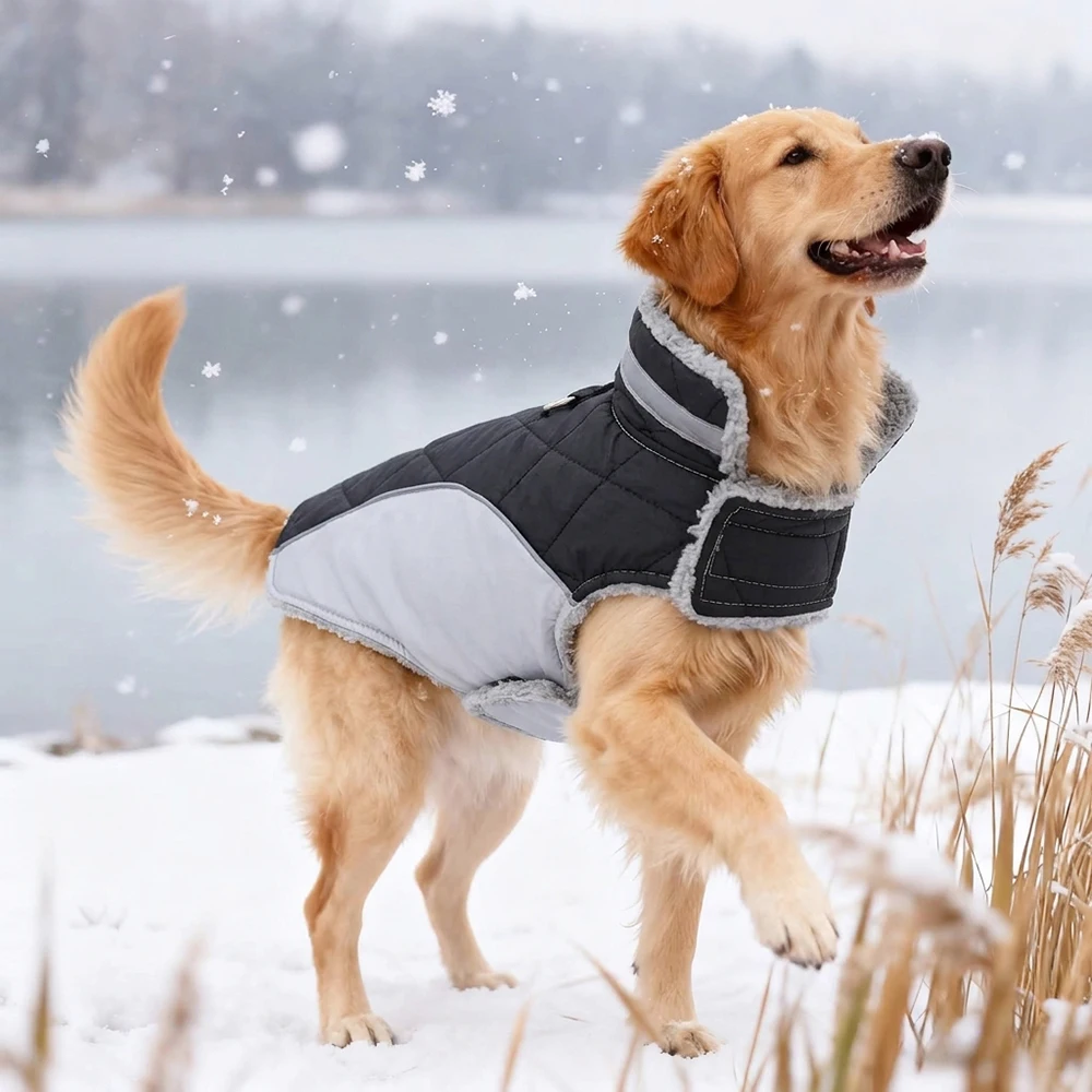 Winterwarme große Hundekleidung, reflektierende Haustierweste, dicke, mit Fleece gefütterte Jacke, Oberbekleidung für mittelgroße und große Hunde, Labrador, Mops. – Detail 14