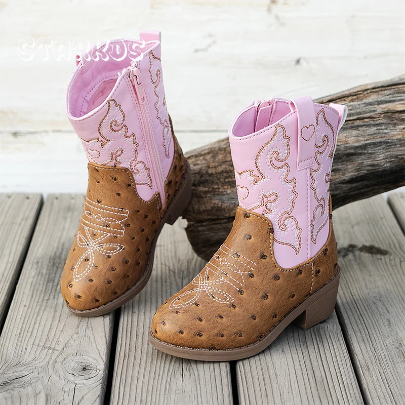 

Pink Brown Embroidered Western Boots Kid Girl Side Zipper Mid-Calf Cowboy Boots Baby Child Luxury Brand Design Heeled Booties