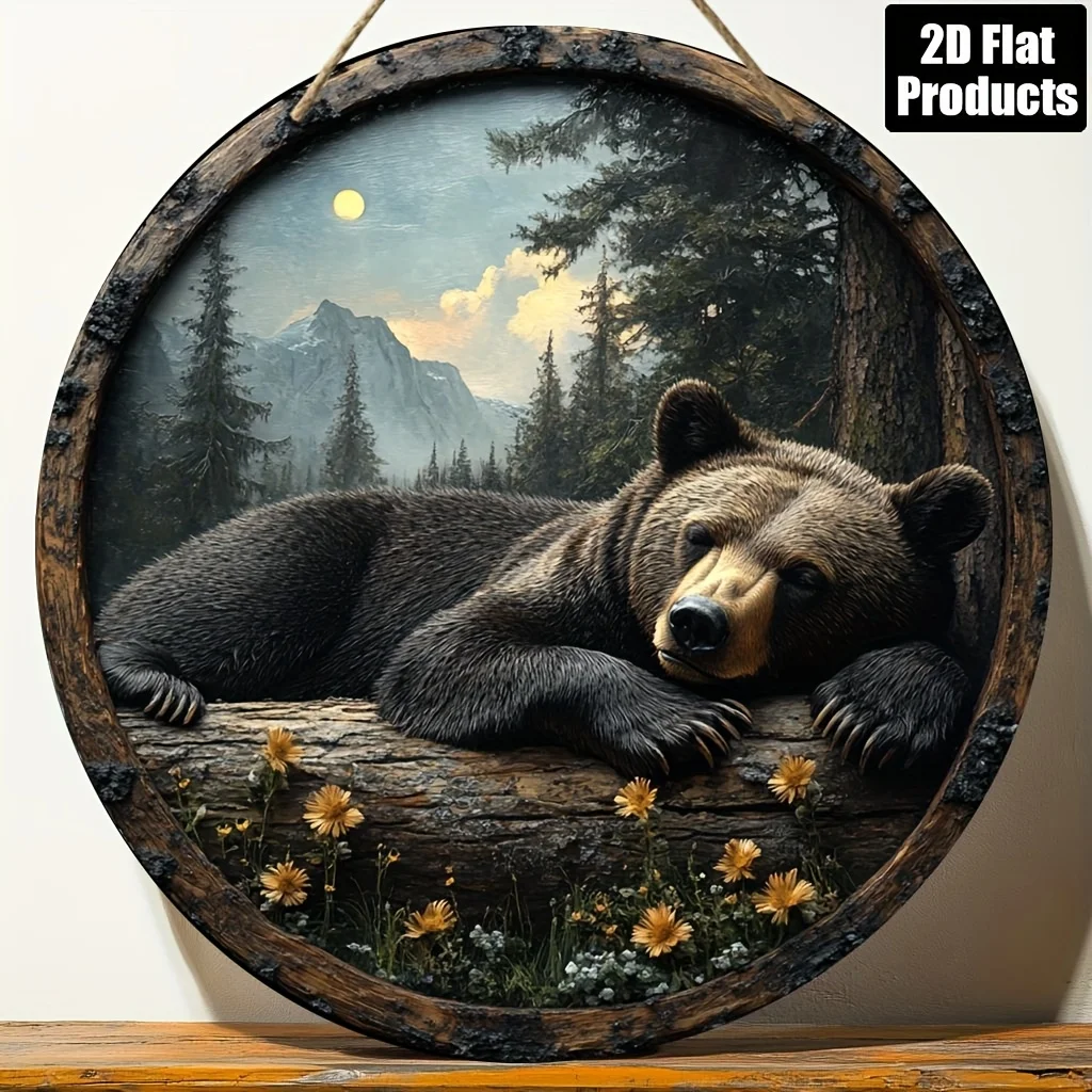 2D Plane, 1pc, Round Wood Board Decorative Painting Sign, American Black Bear Theme, Suitable for Bar Kitchen Cafe Family Room L