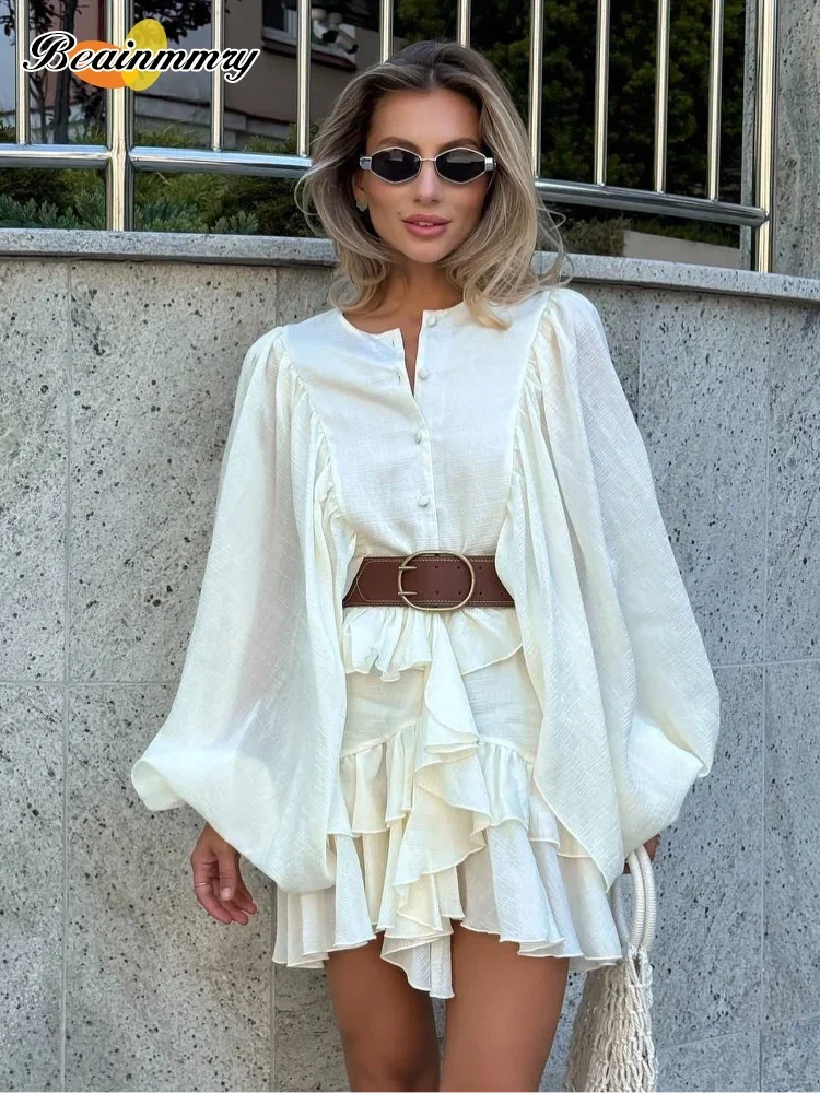 

Chic Round Neck Full Sleeve Mini Dress Elegant Solid Layered Curling Edge Single-breasted Gown New Lady Highstreet Dresses 2025