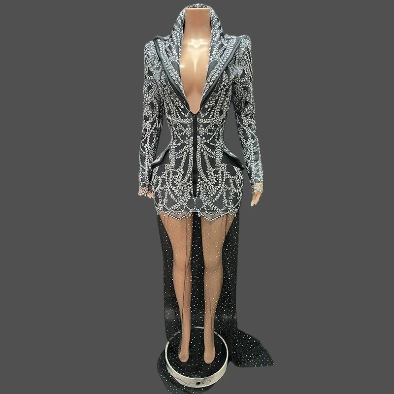 

Women Special Occassion Dress Deigner Rhinestones Long Sleeve Notched Diamonds Mesh Patchwork Long Fit And Flare Dress Party