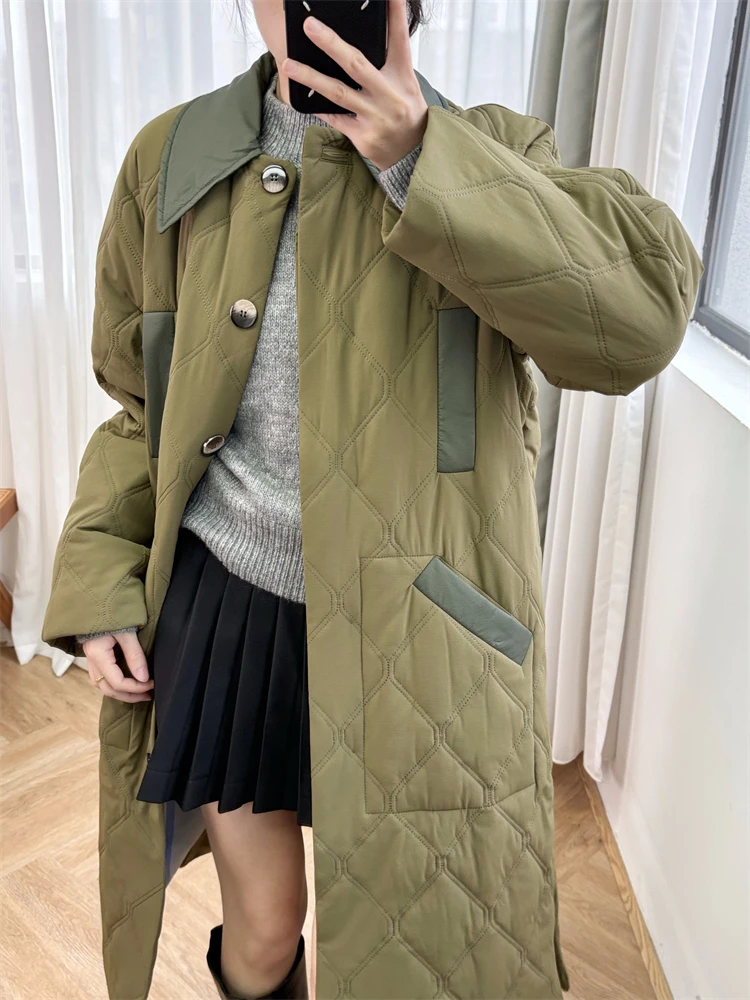 Pleated Jacket,Green Collar Cotton Jacket, Quilted, Medium Length, Curved Slit, Women's Winter Fashion GA Coat for Women