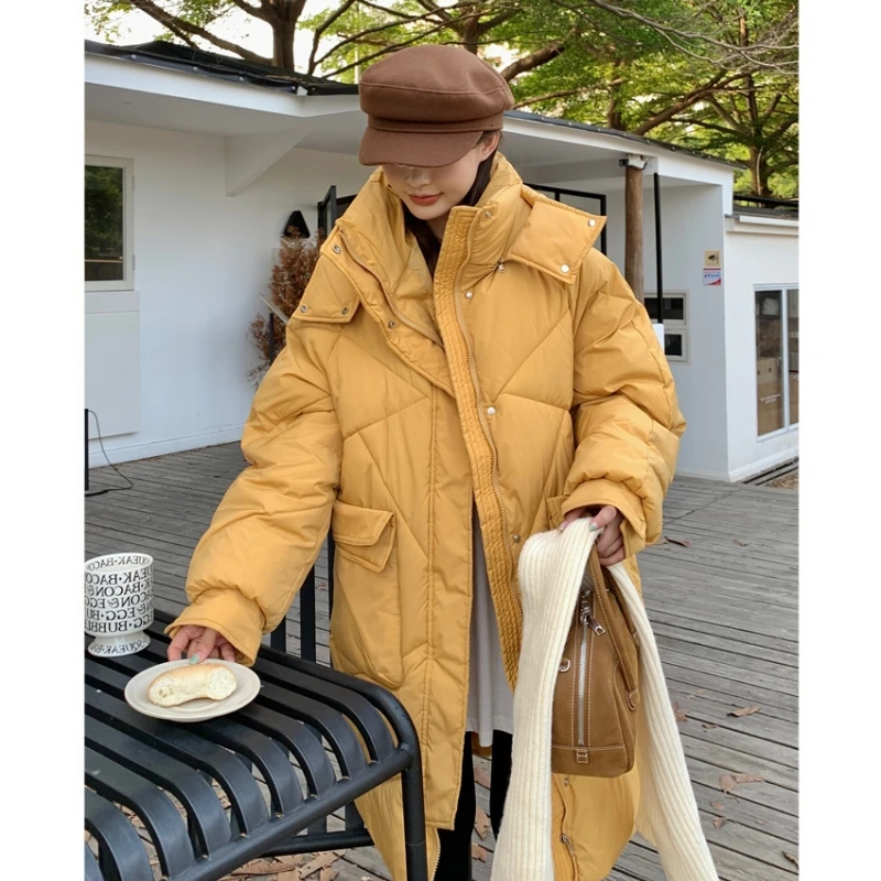 Chaqueta de plumón de pato para mujer, de longitud media Abrigo con capucha, a prueba de viento, plumas gruesas, ropa de invierno