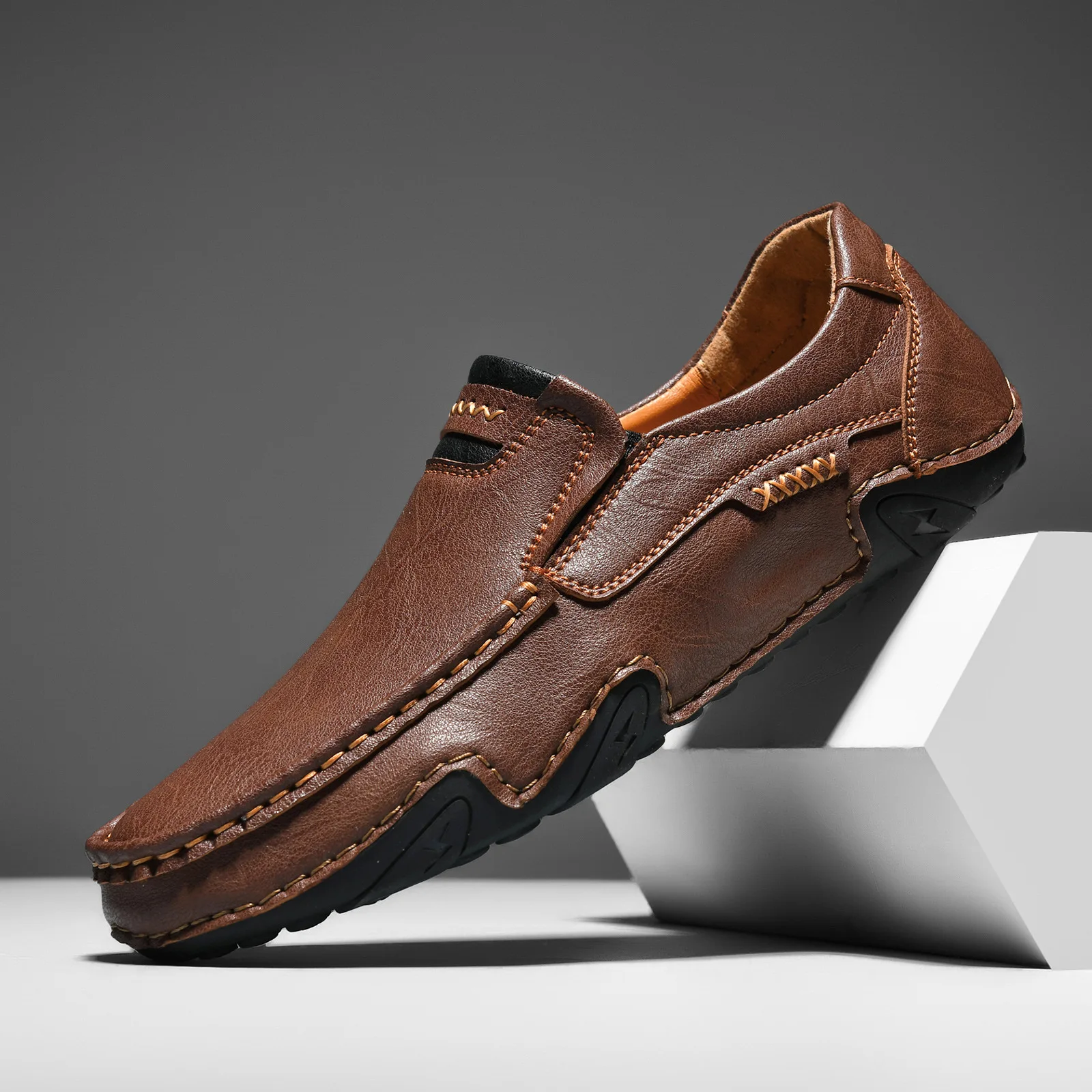 Mens Hollow Out Hand Stitched Casual Shoes Slip On Flat Leather Loafers Outdoor Low Top Large Size Cross Border