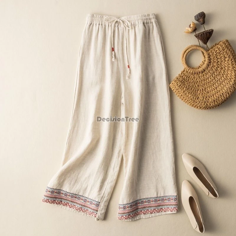 2024 chinese ethnic solid color embroidery cotton linen pants casual daily comfortable loose  trousers shrink high waisted pants