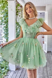 Vintage 3D Flowers Homecoming Dresses with Ruffles Sleeve Mini Length Spaghetti Straps Prom Dress for Teens vestidos para mujer